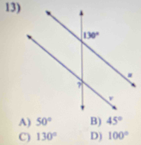 A) 50° B) 45°
C) 130° D) 100°