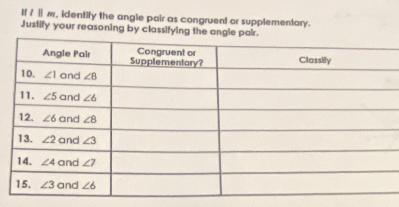 If / Ⅱ m, identify the angle pair as congruent or supplementary.
Justify your reasoning by classifying th