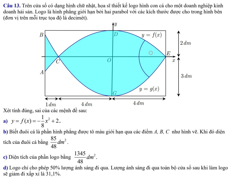 Trên cửa số có dạng hình chữ nhật, họa sĩ thiết kế logo hình con cá cho một doanh nghiệp kinh
doanh hải sản. Logo là hình phăng giới hạn bởi hai parabol với các kích thước được cho trong hình bên
(đơn vị trên mỗi trục tọa độ là decimét).
Xét tính đúng, sai của các mệnh đề sau:
a) y=f(x)=- 1/8 x^2+2.
b) Biết đuôi cá là phần hình phẳng được tô màu giới hạn qua các điểm A, B, C như hình vẽ. Khi đó diện
tích của đuôi cá bằng  85/48 dm^2.
c) Diện tích của phần logo bằng  1345/48 dm^2.
d) Logo chỉ cho phép 50% lượng ánh sáng đi qua. Lượng ánh sáng đi qua toàn bộ cửa sổ sau khi làm logo
sẽ giảm đi xấp xỉ là 31,1%.