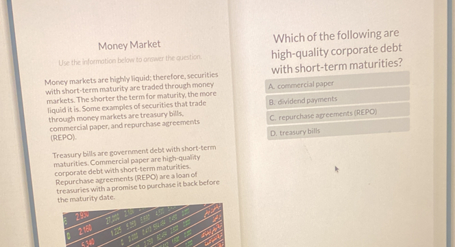 Money Market Which of the following are
Use the information below to answer the question. high-quality corporate debt
Money markets are highly liquid; therefore, securities with short-term maturities?
with short-term maturity are traded through money A. commercial paper
markets. The shorter the term for maturity, the more
liquid it is. Some examples of securities that trade B. dividend payments
through money markets are treasury bills,
commercial paper, and repurchase agreements C. repurchase agreements (REPO)
(REPO). D. treasury bills
Treasury bills are government debt with short-term
maturities. Commercial paper are high-quality
corporate debt with short-term maturities.
Repurchase agreements (REPO) are a loan of
treasuries with a promise to purchase it back before
the maturity date.
29 27,000 19
2160
1 225
122
c 340 18