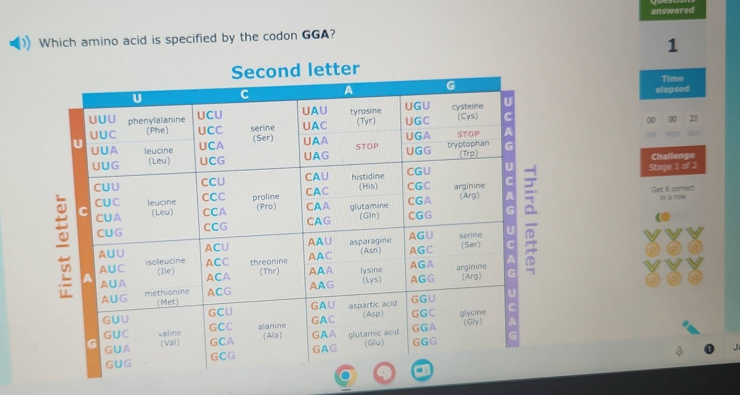 answered 
Which amino acid is specified by the codon GGA? 
1 
Time 
elapsed 
00 00 21 
MTB SEC 
Challenge 
Stage 1 of 2 
Get 6 correct 
in a row