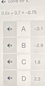 × Solve for x.
0.5x+0.7=-0.75
1
9