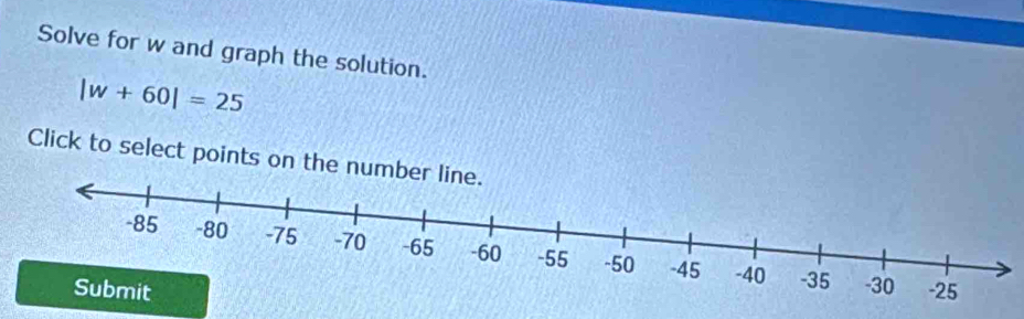 Solve for w and graph the solution.
|w+60|=25
Click to select points on the numbe