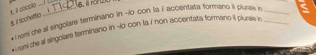 il cóccio _ 6. ill rönzió 
5. il ticchettio - I nomi che al singolare terminano in -jo con la i accentata formano il plurale in__ 
i nomi che al singolare terminano in -io con la / non accentata formano il plurale in