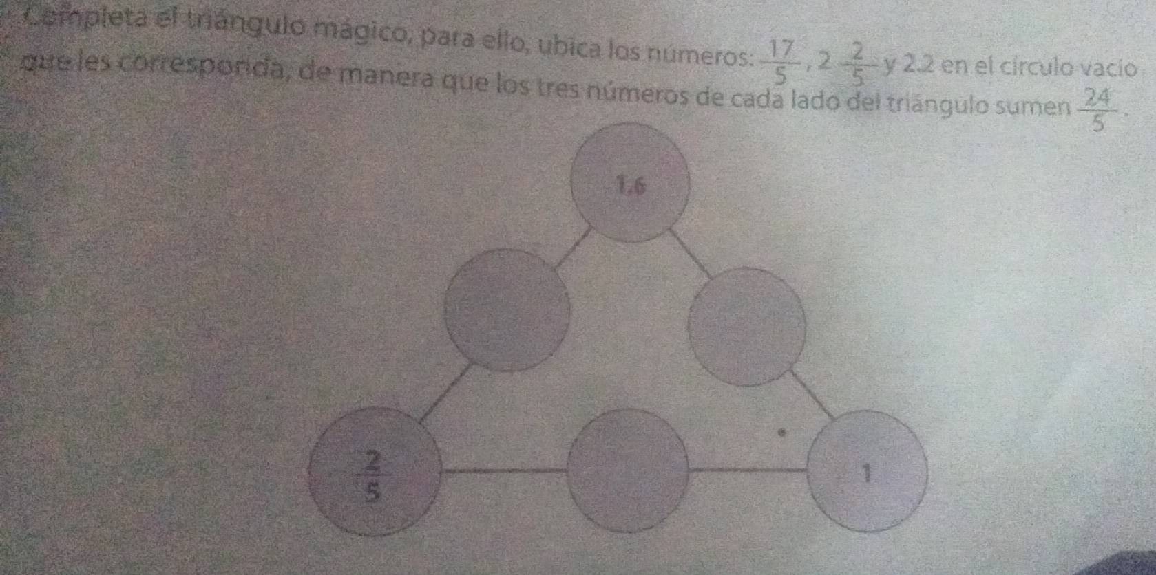 Completa el triángulo mágico, para ello, ubica los números:  17/5 ,2 2/5 y2.2 en el círculo vacío
que les corresporda, de manera que los tres números de cada lado delo sumen  24/5 .