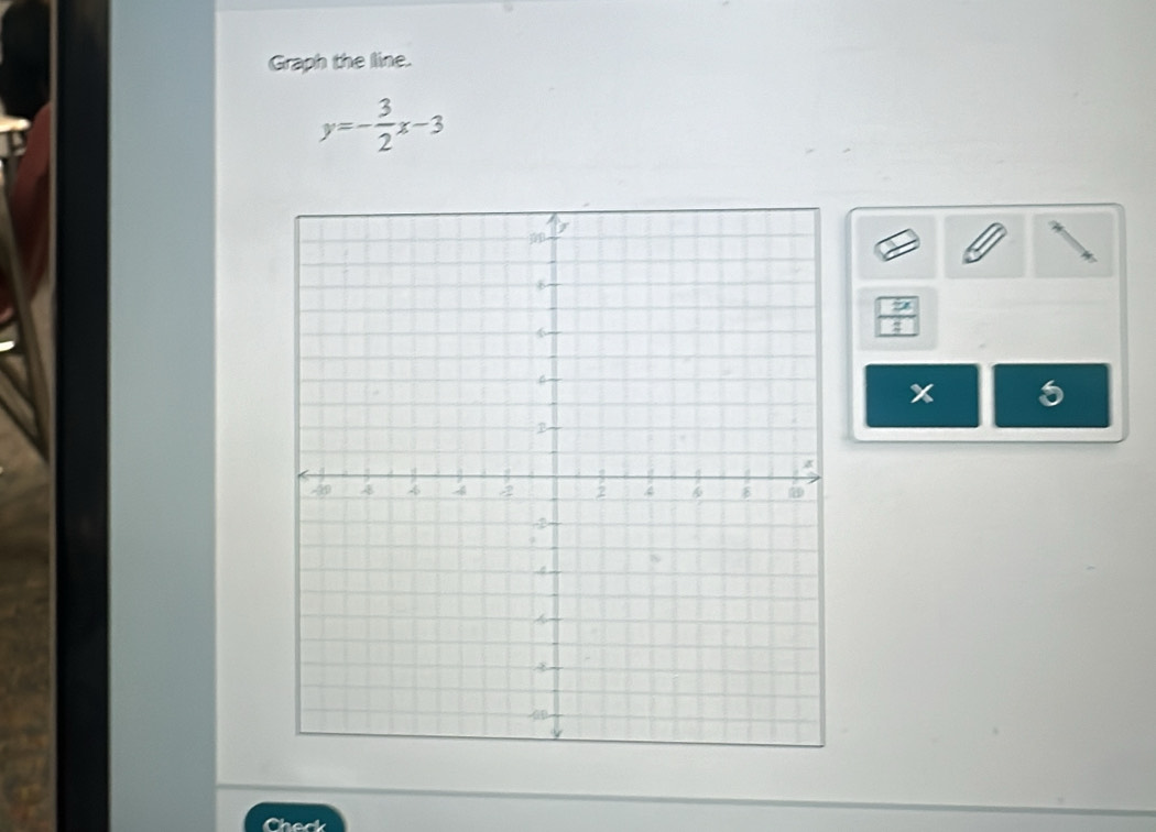 Graph the line.
y=- 3/2 x-3
2
x a 
Check