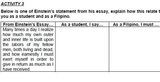 ACTIVITY 3 
Below is one of Einstein's statement from his essay, explain how this relate t 
you as a student and as a Filipino. 
..