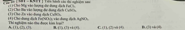 Cầu 16:  SBT- KNTT  Tiền hành các thí nghiệm sau:
(1) Cho Mg vào lượng dư dung dịch FeCl_3. 
(2) Cho Ba vào lượng dư dung dịch CuSO_4. 
(3) Cho Zn vào dung dịch CuSO_4. 
(4) Cho dung dịch Fe(NO_3) vào dung dịch AgNO_3. 
Thí nghiệm nào thu được kim loại?
A. ( ),(2),(3) B. (1),(3)va(4). C. (1),(2) va(4). D. (3) và (4).