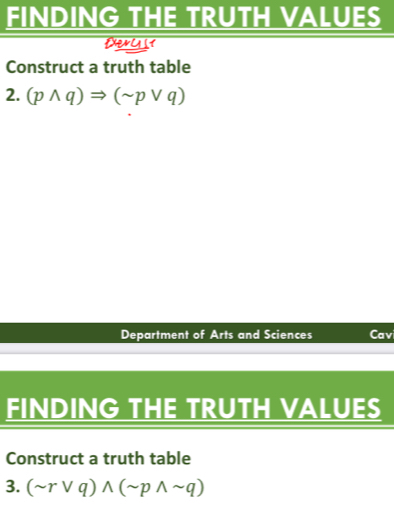 FINDING THE TRUTH VALUES 
Construct a truth table 
2. (pwedge q)Rightarrow (sim pvee q)
Department of Arts and Sciences Cavi 
FINDING THE TRUTH VALUES 
Construct a truth table 
3. (sim rvee q)wedge (sim pwedge sim q)