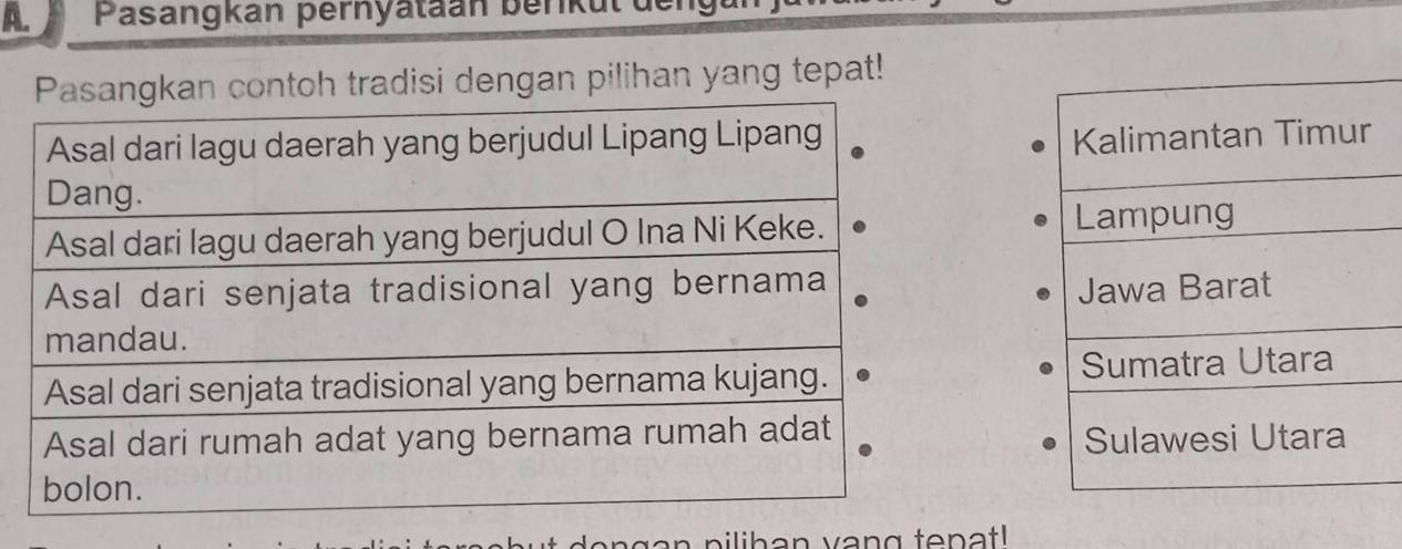 Pasangkan pernyataán berikul de 
contoh tradisi dengan pilihan yang tepat! 
dengan pilihan vang tepat!