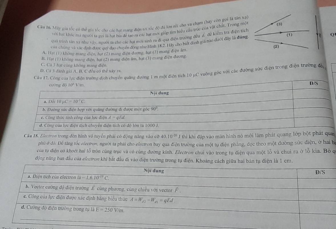 Máy gia tốc có thể gia tốc cho các hạt mang điện tới tốc độ đú lớn rồi cho va chạm (hay còn gọi là tần xạ)
với hạt khác mà người ta gọi là hạt bia để tạo ra các hạt mới giúp tìm hiểu cầu trúc của vật chất. Trong một (3)
quả trình tân xạ như vậy, người ta cho các hạt mới sinh ra đi qua điện trường đều Ê để kiểm tra điện tích
của chúng và xác định được quỹ đạo chuyển động như Hình 18.2. Hãy cho biết đánh giả nào dưới đây là đúng. (1)
Q
A. Hạt (1) không mang điện, hạt (2) mang điện đương, hạt (3) mang điện âm. (2)
B. Hạt (1) không mang điện, hạt (2) mang điện âm, hạt (3) mang điện đương.
C. Cả 3 hạt cùng không mang điện.
D. Cá 3 đánh giá A, B, C đều có thể xây ra.
Cầu 17. Công của lực điện trường dịch chuyển quãng đường 1 m một điện tích 10 μC vuông góc với các đường sức điện trong điện trường đề
Câu 18. Electron trong đèn hình vô tuyến phải có động năng vào cỡ 40.10^(-20) thì khi đập vào màn hình nó mới làm phát quang lớp bột 
phủ ở đó. Để tăng tốc electron, người ta phải cho electron bay qua điện trường của một tụ điện phẳng, dọc theo một dường sức điện, ở hai bà
của tụ điện có khoét hai lỗ tròn cùng trục và có cùng đường kính. Electron chui vào trong tụ điện qua một lỗ và chui ra ở lỗ kia. Bỏ q
động năng ban đầu của electron khi bắt đầu đi vào điện trường trong tụ điện. Khoảng cách giữa hai bản tụ điện là 1 cm.