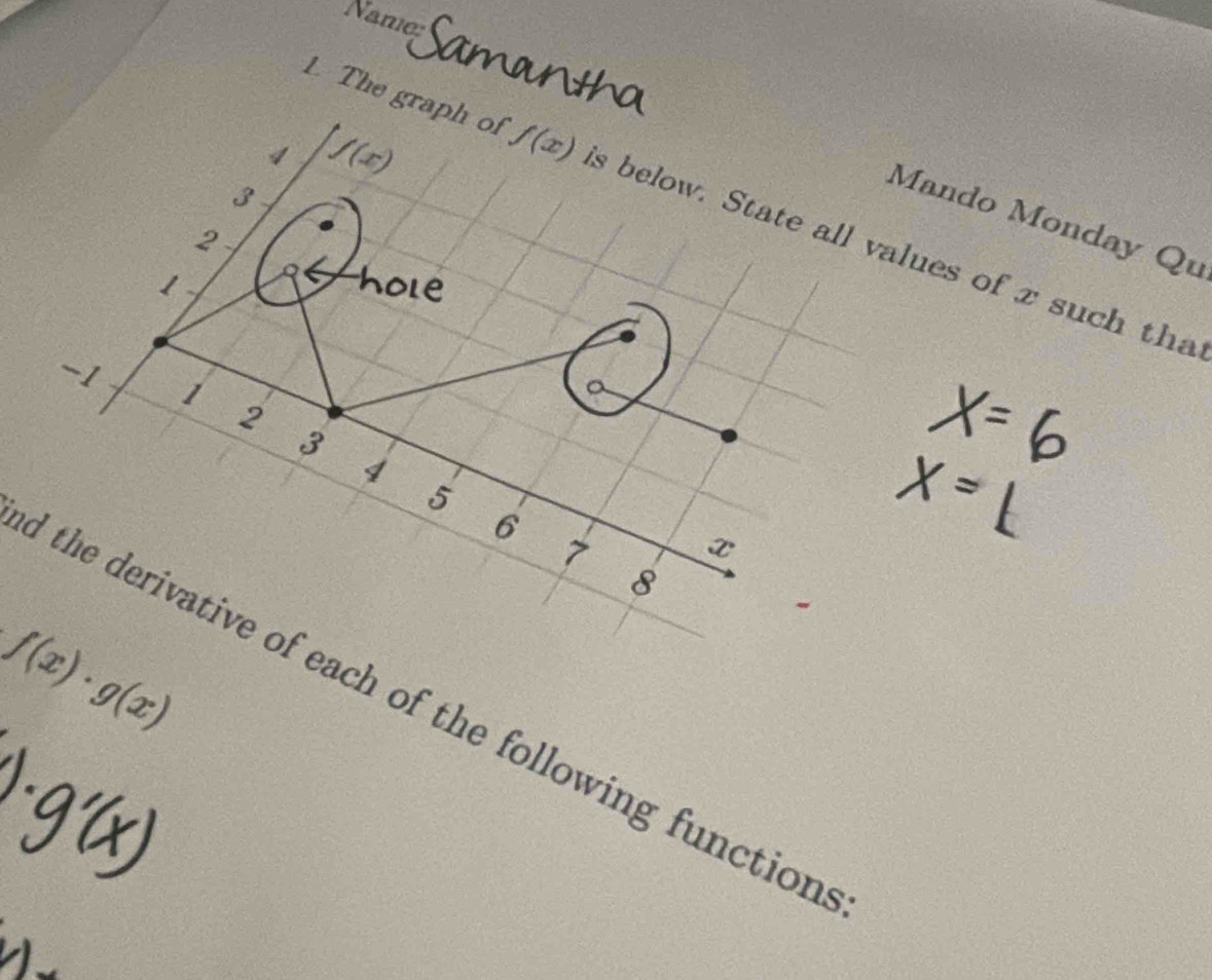 Nanie: 
1. The graph of 
3 
Mando Monday Qu 
2 
4 f(x) f(x) is below. State all values of x such tha
1 hole
-1
1
2
3
4
5
6
7 x
8
f(x)· g(x)
d the derivative of each of the following function