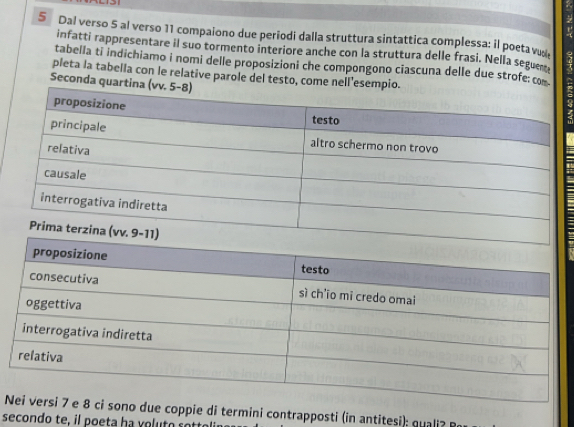 Dal verso 5 al verso 11 compaiono due periodi dalla struttura sintattica complessa: il poeta vu 
infatti rappresentare il suo tormento interiore anche con la struttura delle frasi. Nella seguem 
tabella ti indichiamo i nomi delle proposizioni che compongono ciascuna delle due strofe co 
pleta la tabella con le relative parole del testo, come nell'esempio. 
Seconda quartina (v 
N8 ci sono due coppie di termini contrapposti (in antitesi): quali B 
secondo te, il poeta ha voluto sotto