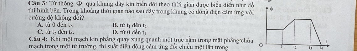 Từ thông Φ qua khung dây kín biến đổi theo thời gian được biểu diễn như đồ
thị hình bên. Trong khoảng thời gian nào sau đây trong khung có dòng điện cảm ứng với φ
cường độ không đổi?
A. từ 0 đến t₂. B. từ t_1 đến t2.
C. từ t₂ đến t4. D. từ 0 đến tị.
Câu 4: Khi một mạch kín phẳng quay xung quanh một trục nằm trong mặt phẳng chứa
1
mạch trong một từ trường, thì suất điện động cảm ứng đổi chiều một lần trong t t2 t3 t4