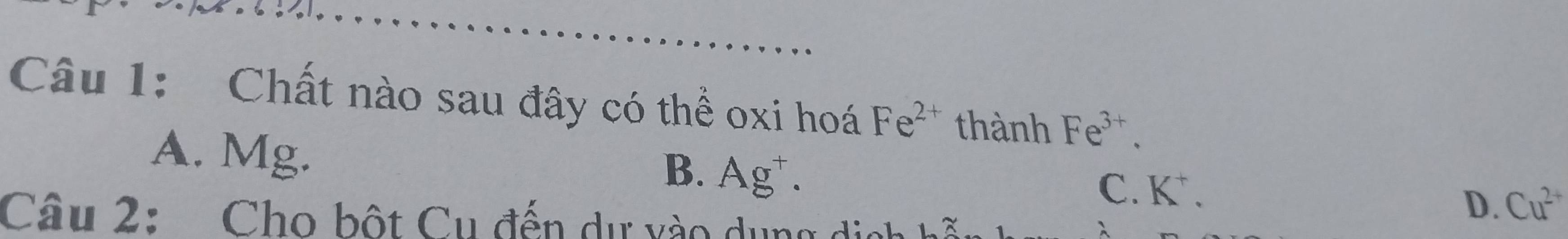 Chất nào sau đây có thể oxi hoá Fe^(2+) thành Fe^(3+).
A. Mg. B. Ag^+
C. K^+. 
Câu 2: Cho bột Cu đến dự vào dụng dịch
D. Cu^(2+)