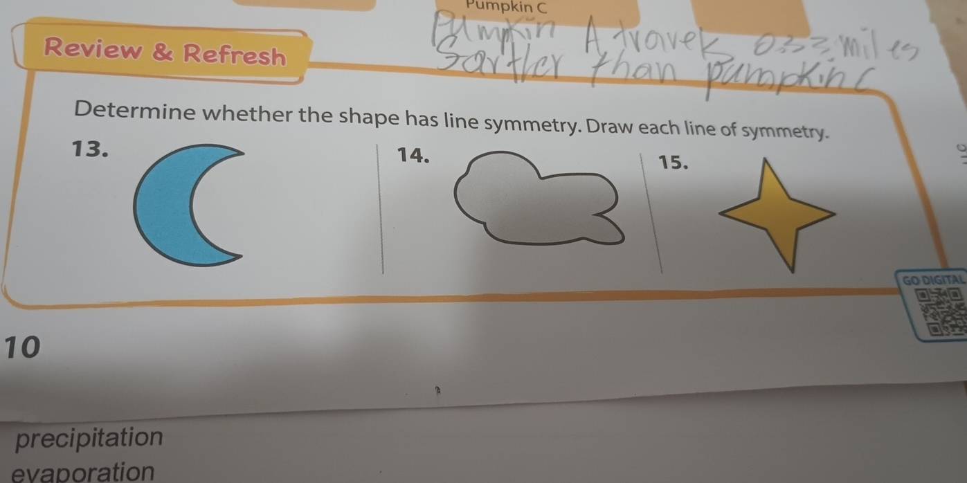 Pumpkin C 
Review & Refresh 
Determine whether the shape has line symmetry. Draw each line of symmetry.
13. 14
15. 
GO DIGITAL
10
precipitation 
evaporation