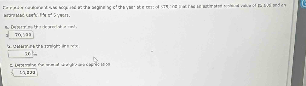 Computer equipment was acquired at the beginning of the year at a cost of $75,100 that has an estimated residual value of $5,000 and an
estimated useful life of 5 years.
a. Determine the depreciable cost.
S 70,100
b. Determine the straight-line rate.
20 %
c. Determine the annual straight-line depreciation.
S 14,020