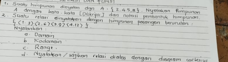 ASIDAATUNS1 
1. Sualu himpunon dinyatan dgn A= 2,4.5,8. Nyalakan himpuron 
A dengan karo. kata [Diskripsi] dan notasi pemberruk himpunar. 
2. Suatu relasi dinyalokan dengan himpunan pasangon berururan:
 (1,3)<2,6)<3,9><4,12>. Nyalankan : 
a. Domain 
b Kodomain 
c. Range. 
d. Nyalation / sagihan relasi dialas dengan dragram carlesius