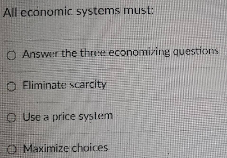 All economic systems must:
Answer the three economizing questions
Eliminate scarcity
Use a price system
Maximize choices