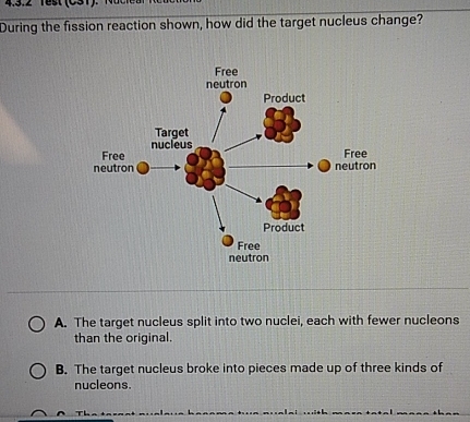 4:3.2 T e t C 3 1 ) . 
During the fission reaction shown, how did the target nucleus change?
A. The target nucleus split into two nuclei, each with fewer nucleons
than the original.
B. The target nucleus broke into pieces made up of three kinds of
nucleons.