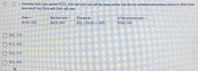 Christina and Liam earned $225, 000 last year and will file taxes jointly. Use the tax schedule information below to determine
how much tax Chris and Liam will owe.
Over — But not over — The tax is: of the amount over —
$165,000 $315, 000 $28,179.00+24% $165,000
$28, 179
$14,400
$42, 579
$54, 000