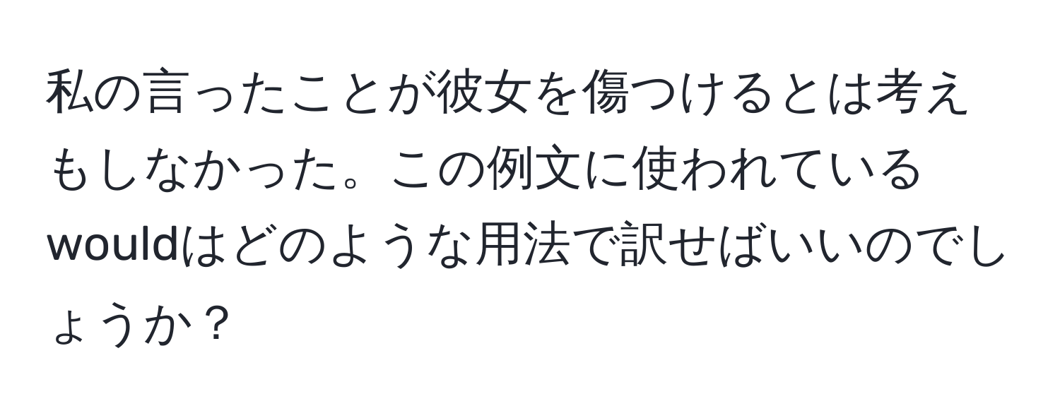 私の言ったことが彼女を傷つけるとは考えもしなかった。この例文に使われているwouldはどのような用法で訳せばいいのでしょうか？