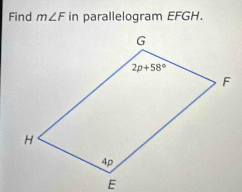 Find m∠ F in parallelogram EFGH.