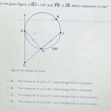 In the given figure, mwidehat HJ=106° and widehat PH≌ widehat JH. Which statement is true?
Figure not drawn to scale
A. The measure of ∠ G is 21° , and triangle FGH is isosceles.
B. The measure of ∠ G is 56° , and triangle FGH is isosceles.
C. The measure of ∠ G is 21° , and triangle FGH is not isosceles.
D. The measure of ∠ G is 56° , and triangle FGH is not isosceles.