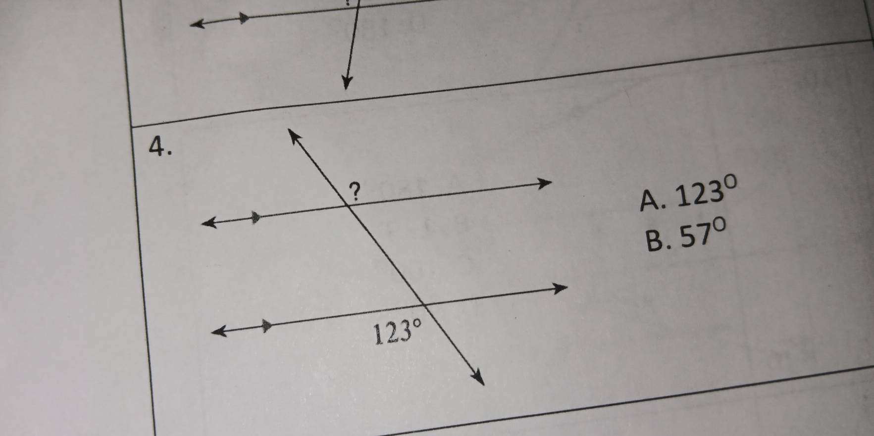 A. 123°
B. 57°