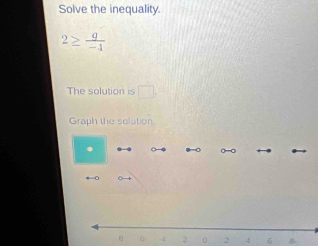 Solve the inequality.
2≥  g/-4 
The solution is □. 
Graph the solution. 
。 
。 
。
2 6