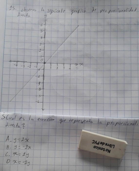 obsbe proparcionalida
Scval es la earacion gue representa la proportional
directa?
A. y=2x
B. y=-2x
C. x=2y
D x=-2y