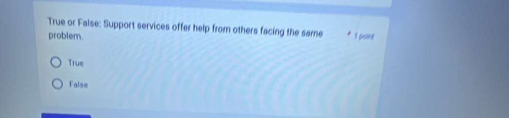 True or False: Support services offer help from others facing the same * 1 paint
problem.
True
False