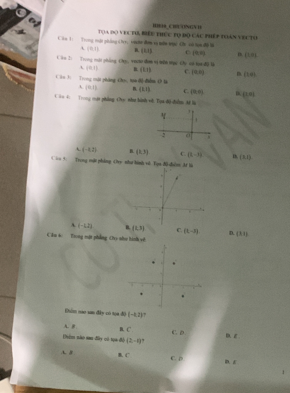 HH10_CH ONGVI
Tọa đọ vecto, Biểu thức tọ độ các phép toán vecto
Cân 1: Trong mật phẳng Chy, vectơ đơn vị trên tực Chy có tọa độ là
A. (0,1).
R.  1:1 C (0;0) D. (1,0)
Câu 2: Trong mật phẳng Chy, vectơ đơn vị trên trục Oy có tọa độ là
A. (0,1). B (f(-1 C. (0,0) D. (hθ )
Câu 3: Trong mật phăng Chy, tọa độ điểm O là
A. (0,1).
B. (k1).
C. (0,0)
D. (1,0)
Câu 4: Trong mặt phẳng Cây như hình về. Tọa độ điểm M là
A. (-1,2)
B. (1,3)
C. (1,-3). D. (3,1), 
Câu 5: Trong mặt phảng Oxy như hình vê. Tọa độ điểm M là
A. (-L2)
C.
B. (1;3) (k-3). D. (3,1)
Cău 6: Trong mặt phẳng Oxy như hình voverline E
Điểm náo san đây có tọa độ (-1,2) ?
A. B . B. C . C. D .
Điêm nào sau đây có tọa d(b(2,-1) ,
D、 E.
A. B . B. C
C. D
D. E