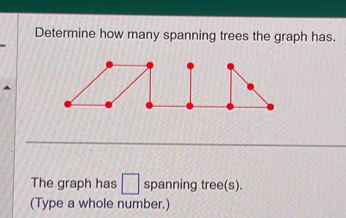 Determine how many spanning trees the graph has. 
The graph has □ spanning tree(s). 
(Type a whole number.)