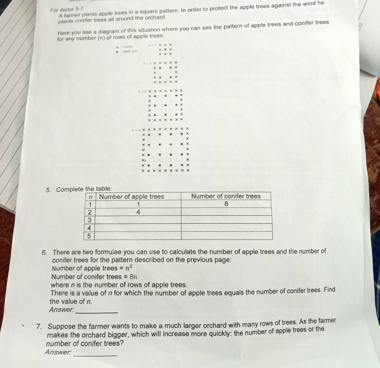 For items 5-7 
A farmer plants apple trees in a square pattern. In order to protect the apple trees against the wind he 
plants conifer trees all around the orchard. 
Here you see a diagram of this situation where you can see the pattern of apple trees and conifer trees 
for any number (n) of rows of apple trees: 
conifer n=1* * *
- apple tree * · * 
* * *
n=
x
x
+
n=3* x
x
× 
×
X
x
× 
+ 
× 
x 
× 
× 
× 
x 
5. Com 
6. There are two formulae you can use to calculate the number of apple trees and the number of 
conifer trees for the pattern described on the previous page: 
Number of apple trees =n^2
Number of conifer trees =8n
where n is the number of rows of apple trees. 
There is a value of n for which the number of apple trees equals the number of conifer trees. Find 
the value of n. 
Answer: 
_ 
7. Suppose the farmer wants to make a much larger orchard with many rows of trees. As the farmer 
makes the orchard bigger, which will increase more quickly: the number of apple trees or the 
number of conifer trees? 
_ 
Answer: