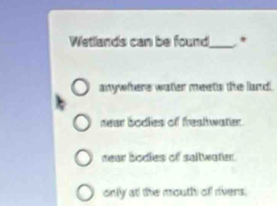 Wetlands can be found_ *
anywhere water meets the land .
near bodies of freshwater.
near bodies of saltwater.
only at the mouth of rivers.