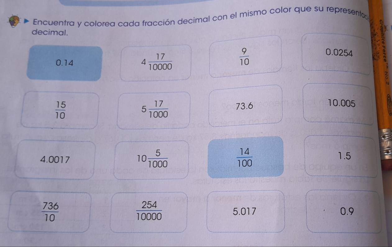 Encuentra y colorea cada fracción decimal con el mismo color que su representa 
decimal.
4 17/10000 
 9/10 
0.0254
。
0.14
。
 15/10 
5 17/1000 
73.6
10.005
4.0017 10 5/1000   14/100 
1.5
 736/10 
 254/10000  5.017 0.9