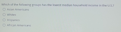 Which of the following groups has the lowest median household income in the U.S.?
Asian Americans
Whites
Hispanics
African Americans