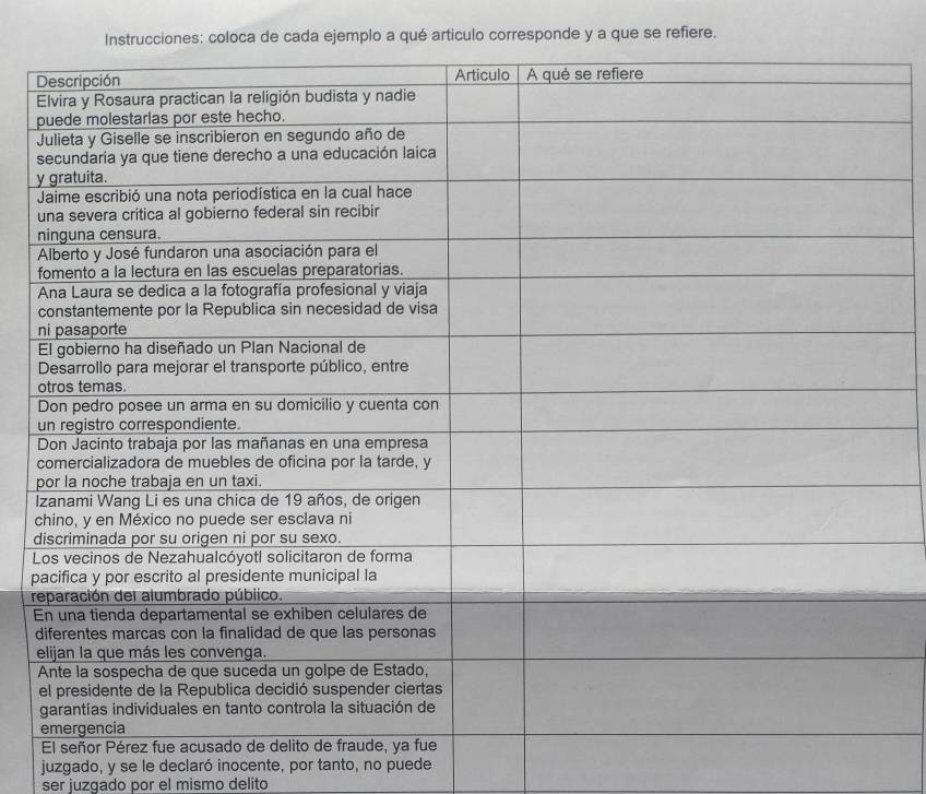 Instrucciones: coloca de cada ejemplo a qué articulo corresponde y a que se refiere. 
y 
n 
I 
c 
d 

p 
r 
E 
d 
juzgado, y se le declaró inocente, por tanto, no puede 
ser juzgado por el mismo delito