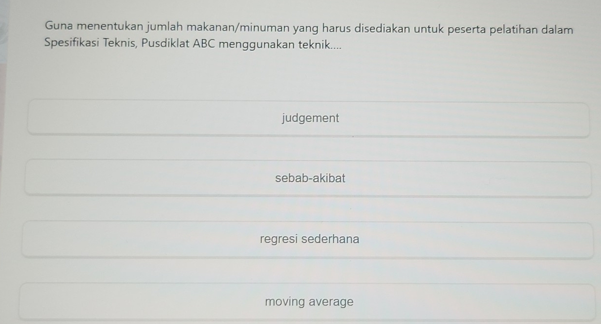 Guna menentukan jumlah makanan/minuman yang harus disediakan untuk peserta pelatihan dalam
Spesifikasi Teknis, Pusdiklat ABC menggunakan teknik....
judgement
sebab-akibat
regresi sederhana
moving average