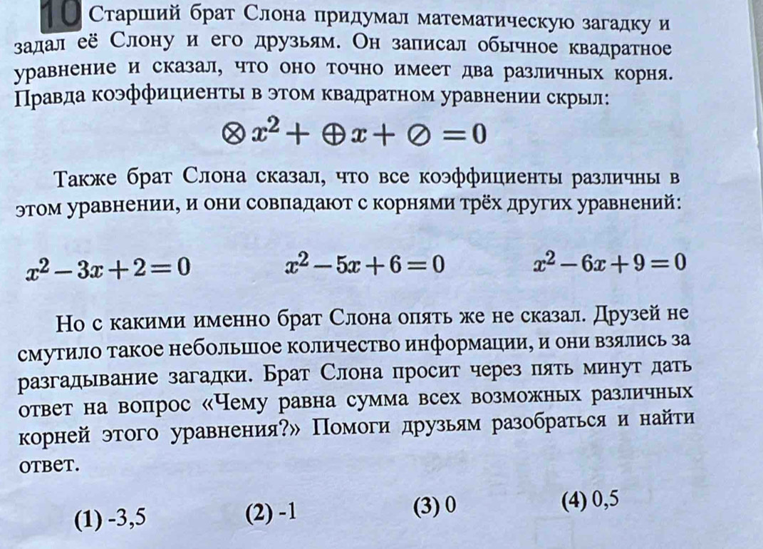 О Старшлий брат Слона придумал математическую загадку и
залдал её Слону и его друзьям. Он записал обычное квадратное
уравнение и сказал, что оно точно имеет два различных корня.
Правда коэффициенть в этом Κвадратном уравнении скрыл:
x^2+oplus x+varnothing =0
Τакже брат Слона сказал, что все коэффициенты различны в
ラΤом уравненииΕ и они совΠΙадаюот с корнями трех других уравнений:
x^2-3x+2=0
x^2-5x+6=0
x^2-6x+9=0
Но с какими именно брат Слона олять же не сказал. Друзей не
смутило такое небольшое количество информации, и они взялись за
разгадьвание загадки. Брат Слона просит через пять минут дать
ответ на вопрос «Чему равна сумма всех возможных различных
корней этого уравнения?» Помоги друзьям разобраться и найти
OTBeT.
(1) -3,5 (2) -1
(3) 0 (4) 0,5