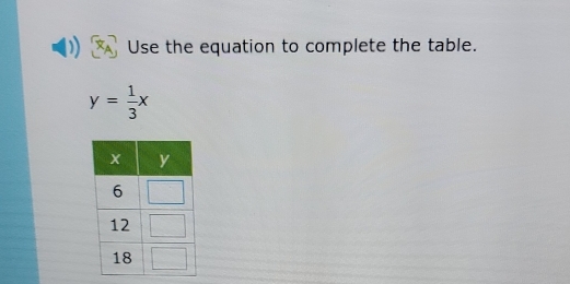 Solved: Use the equation to complete the table. y= 1/3 x [Math]