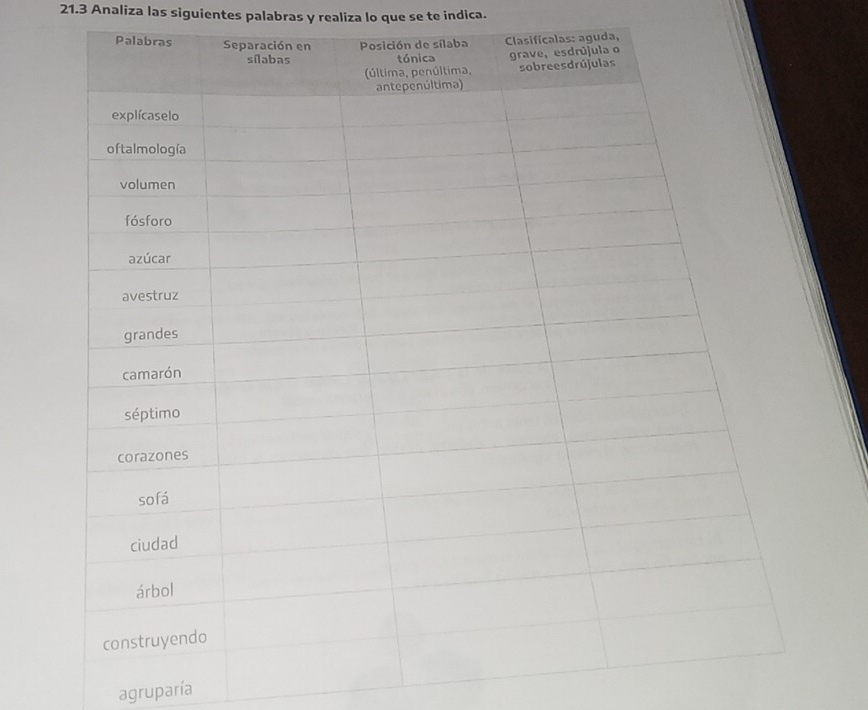 21.3 Analiza las siguientes palabras y realiza lo que se te indica. 
a, 
agruparía