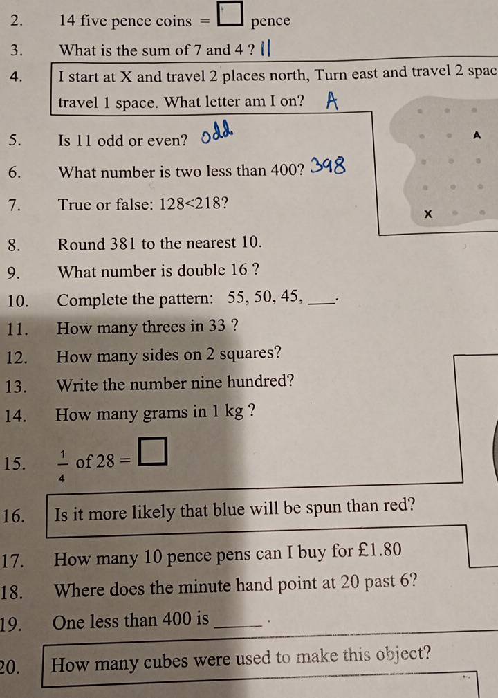 14 five pence coins =□ pence
3. What is the sum of 7 and 4 ? 
4. I start at X and travel 2 places north, Turn east and travel 2 spac 
travel 1 space. What letter am I on? 
5. Is 11 odd or even? 
A 
6. What number is two less than 400? 
7. True or false: 128<218</tex> ? 
x 
8. Round 381 to the nearest 10. 
9. What number is double 16 ? 
10. Complete the pattern: 55, 50, 45, _. 
11. How many threes in 33 ? 
12. How many sides on 2 squares? 
13. Write the number nine hundred? 
14. How many grams in 1 kg ? 
15.  1/4  of 28=□
16. Is it more likely that blue will be spun than red? 
17. How many 10 pence pens can I buy for £1.80
18. Where does the minute hand point at 20 past 6? 
19. One less than 400 is _. 
20. How many cubes were used to make this object?