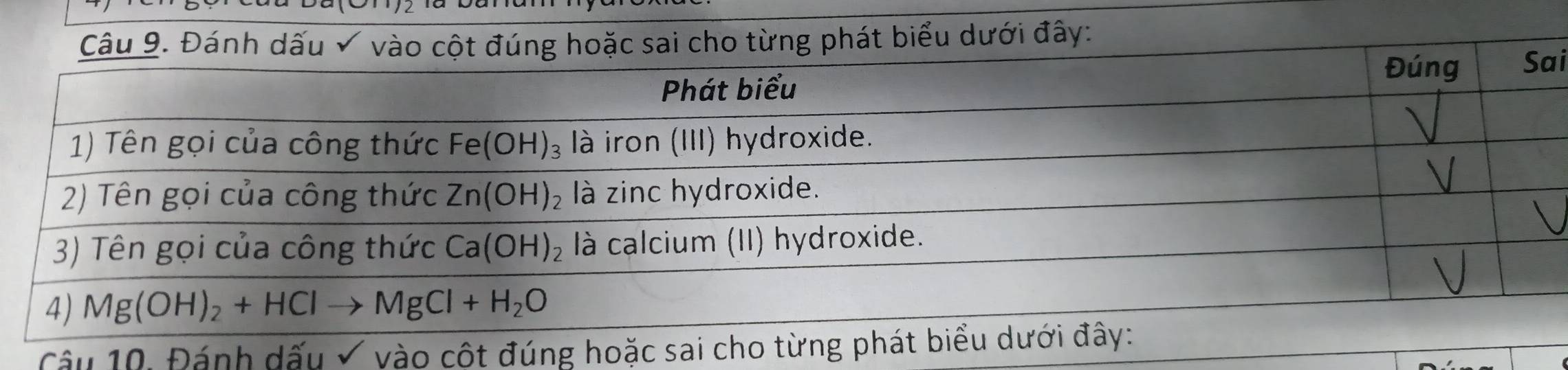 Đánh dấu √ vào cột đúng