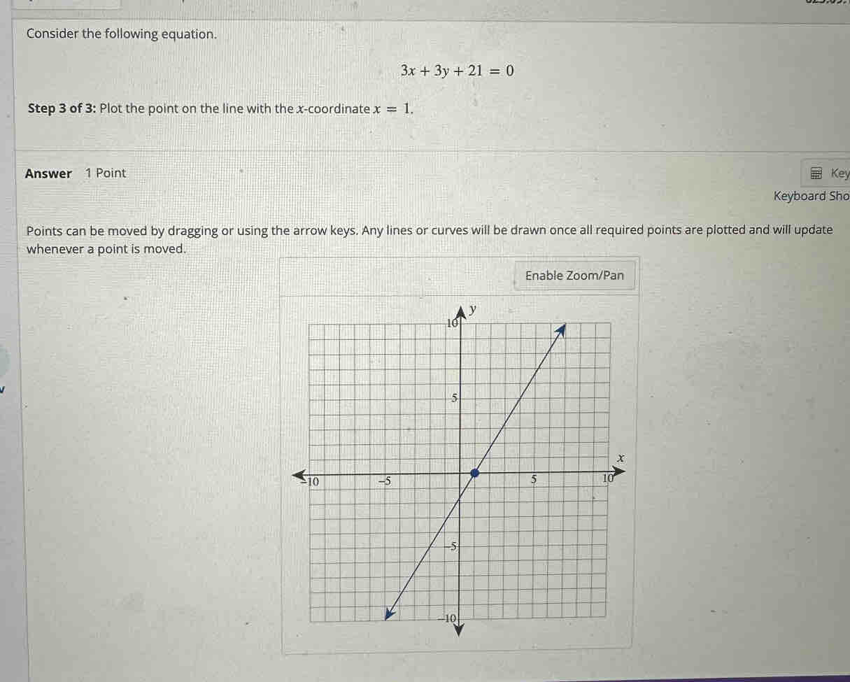 Consider the following equation.
3x+3y+21=0
Step 3 of 3 : Plot the point on the line with the x-coordinate x=1. 
Answer 1 Point Key 
Keyboard Sho 
Points can be moved by dragging or using the arrow keys. Any lines or curves will be drawn once all required points are plotted and will update 
whenever a point is moved. 
Enable Zoom/Pan