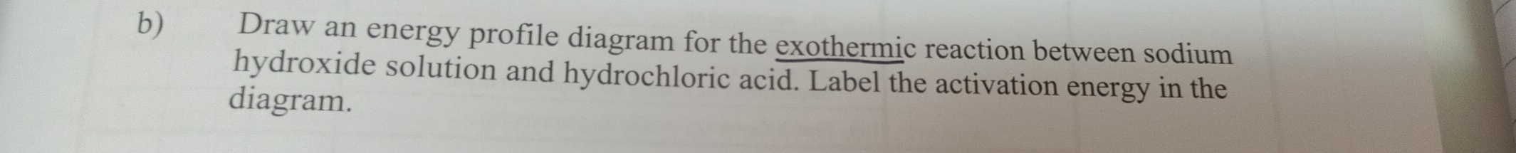 Draw an energy profile diagram for the exothermic reaction between sodium 
hydroxide solution and hydrochloric acid. Label the activation energy in the 
diagram.