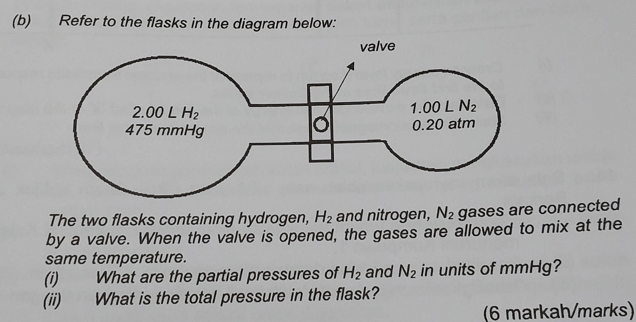 Refer to the flasks in the diagram below:
The two flasks containing hydrogen, H_2 and nitrogen, N_2 gases are connected
by a valve. When the valve is opened, the gases are allowed to mix at the
same temperature.
(i) What are the partial pressures of H_2 and N_2 in units of mmHg?
(ii) What is the total pressure in the flask?
(6 markah/marks)