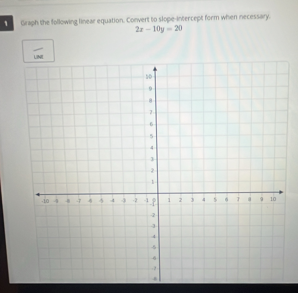 Graph the following linear equation. Convert to slope-intercept form when necessary.
2x-10y=20