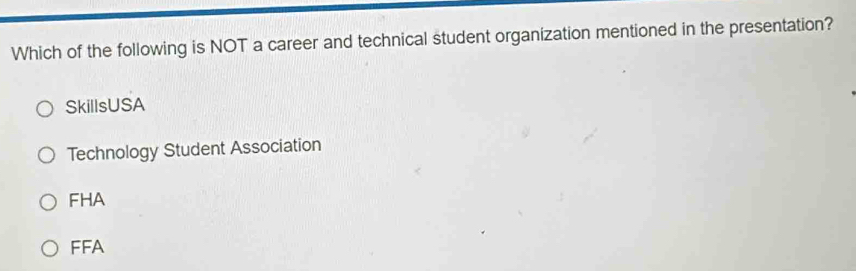 Which of the following is NOT a career and technical student organization mentioned in the presentation?
SkillsUSA
Technology Student Association
FHA
FFA